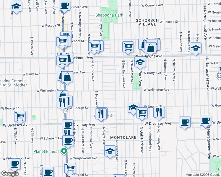 map of restaurants, bars, coffee shops, grocery stores, and more near 6934 West Oakdale Avenue in Chicago