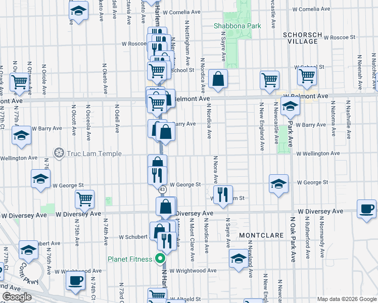 map of restaurants, bars, coffee shops, grocery stores, and more near 2949 North Mont Clare Avenue in Chicago