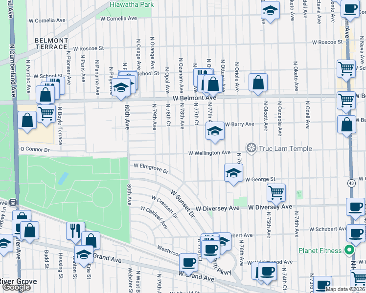 map of restaurants, bars, coffee shops, grocery stores, and more near 2941 North 78th Court in Elmwood Park