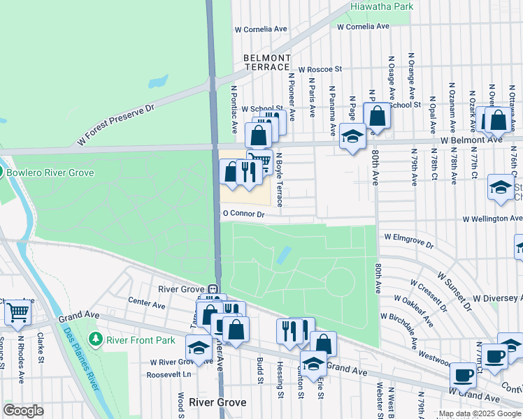 map of restaurants, bars, coffee shops, grocery stores, and more near 8251 Oconnor Drive in River Grove