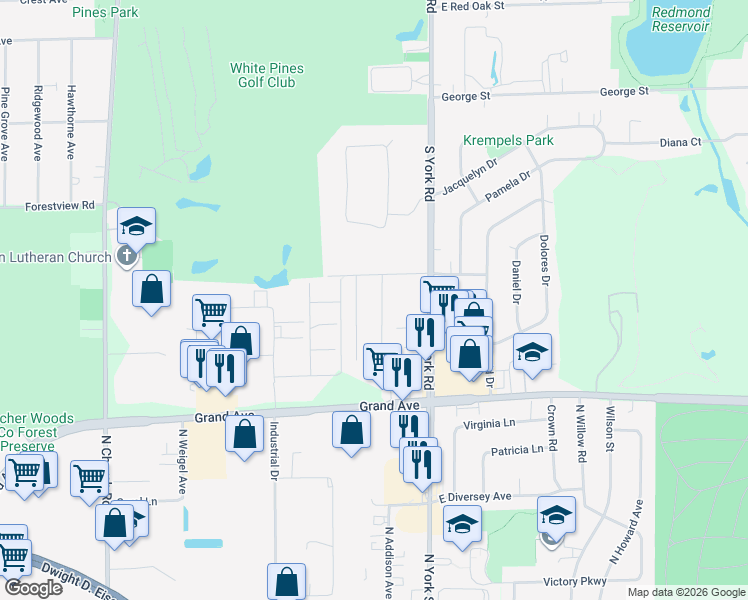 map of restaurants, bars, coffee shops, grocery stores, and more near 1036 Center Street in Bensenville