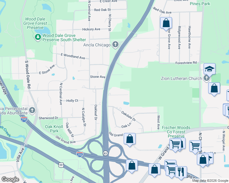 map of restaurants, bars, coffee shops, grocery stores, and more near 17W261 Rodeck Lane in Bensenville