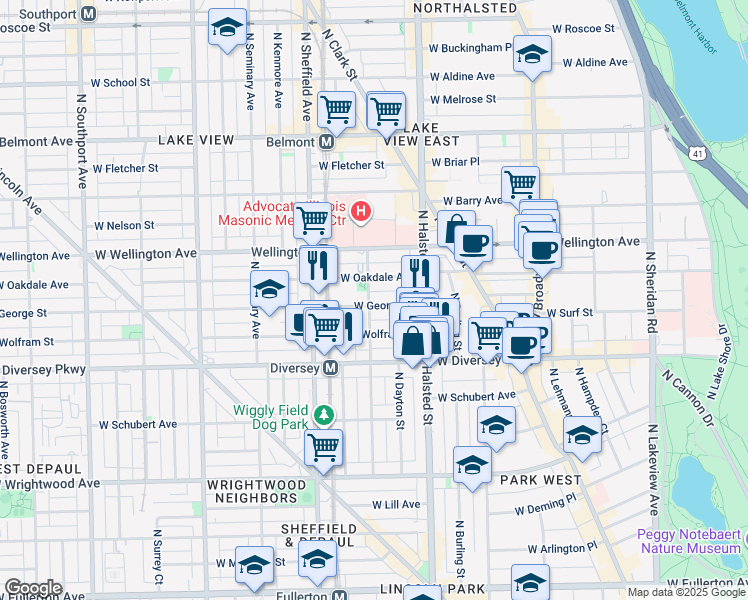 map of restaurants, bars, coffee shops, grocery stores, and more near 856 West George Street in Chicago