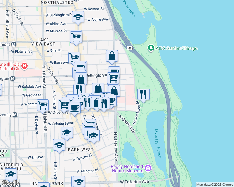 map of restaurants, bars, coffee shops, grocery stores, and more near 2909 North Sheridan Road in Chicago