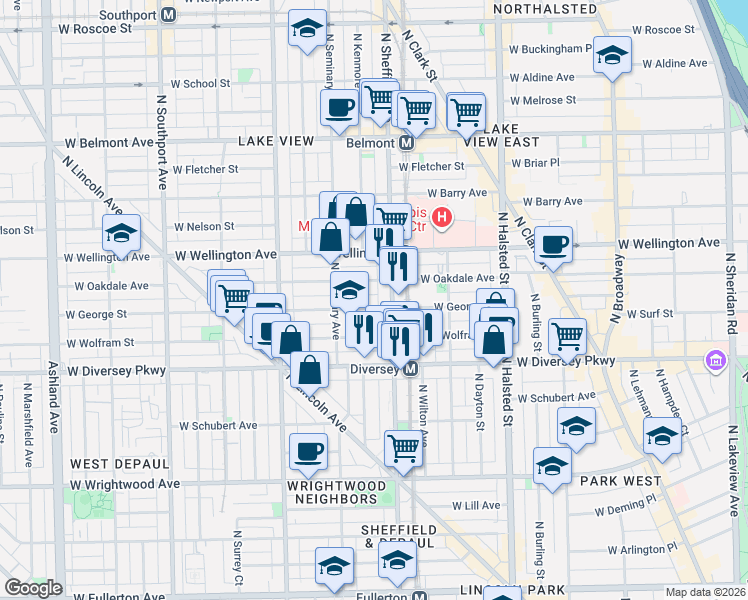 map of restaurants, bars, coffee shops, grocery stores, and more near 2844 North Sheffield Avenue in Chicago