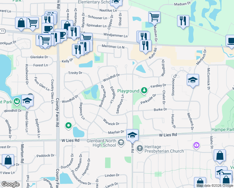 map of restaurants, bars, coffee shops, grocery stores, and more near 1120 Edington Lane in Carol Stream