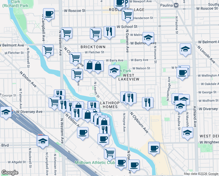 map of restaurants, bars, coffee shops, grocery stores, and more near 2915 North Clybourn Avenue in Chicago