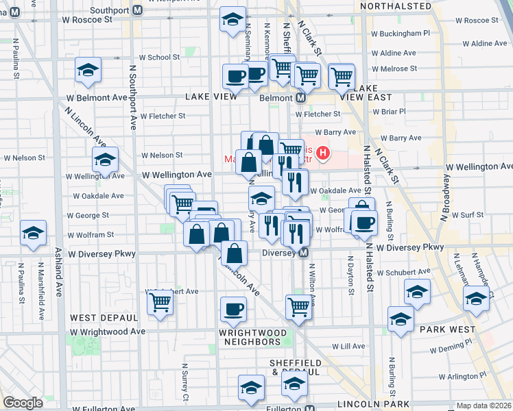 map of restaurants, bars, coffee shops, grocery stores, and more near 2851 North Seminary Avenue in Chicago