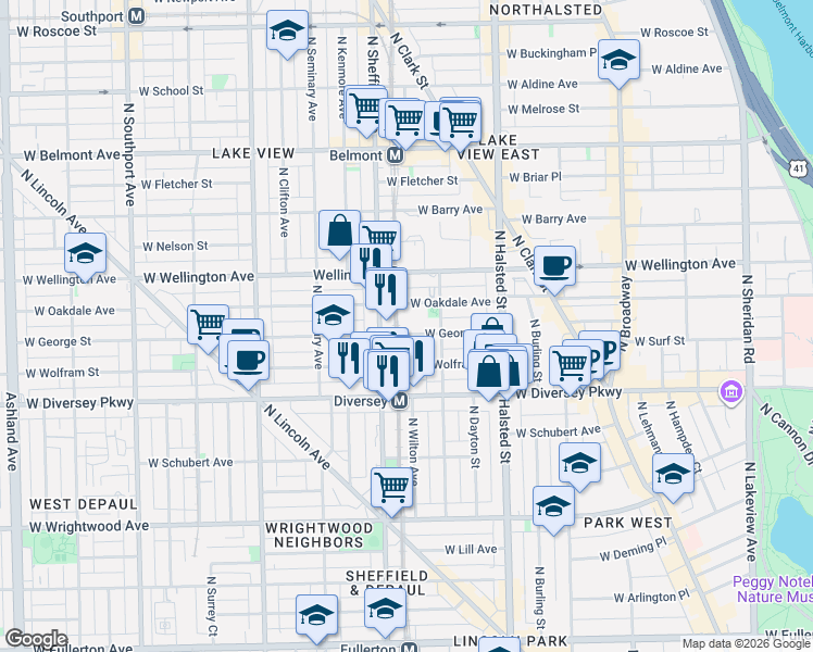 map of restaurants, bars, coffee shops, grocery stores, and more near 924 West Wolfram Street in Chicago