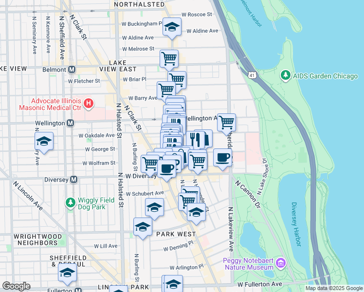 map of restaurants, bars, coffee shops, grocery stores, and more near 550 West Surf Street in Chicago