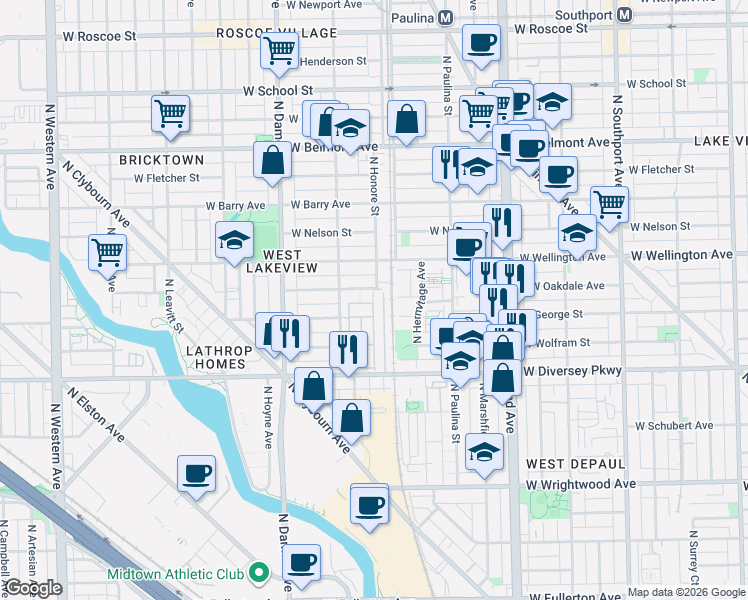 map of restaurants, bars, coffee shops, grocery stores, and more near 2851 North Wolcott Avenue in Chicago