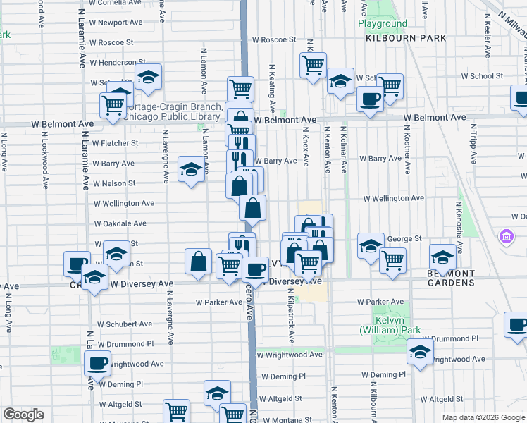 map of restaurants, bars, coffee shops, grocery stores, and more near 2946 North Keating Avenue in Chicago