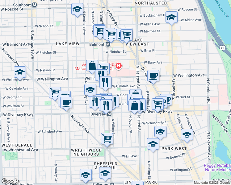 map of restaurants, bars, coffee shops, grocery stores, and more near 924 West Wolfram Street in Chicago