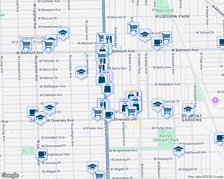 map of restaurants, bars, coffee shops, grocery stores, and more near 2946 North Keating Avenue in Chicago