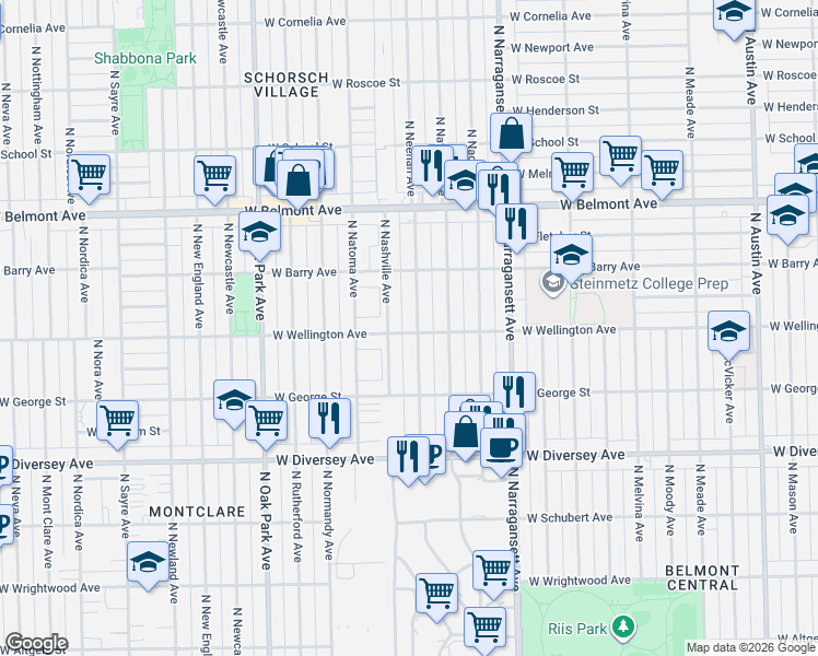 map of restaurants, bars, coffee shops, grocery stores, and more near 3029 North Nashville Avenue in Chicago