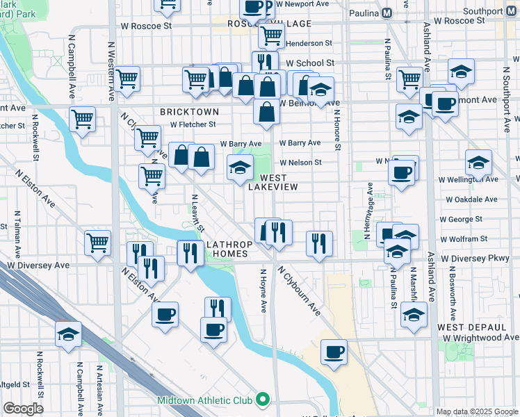 map of restaurants, bars, coffee shops, grocery stores, and more near 2950 North Seeley Avenue in Chicago