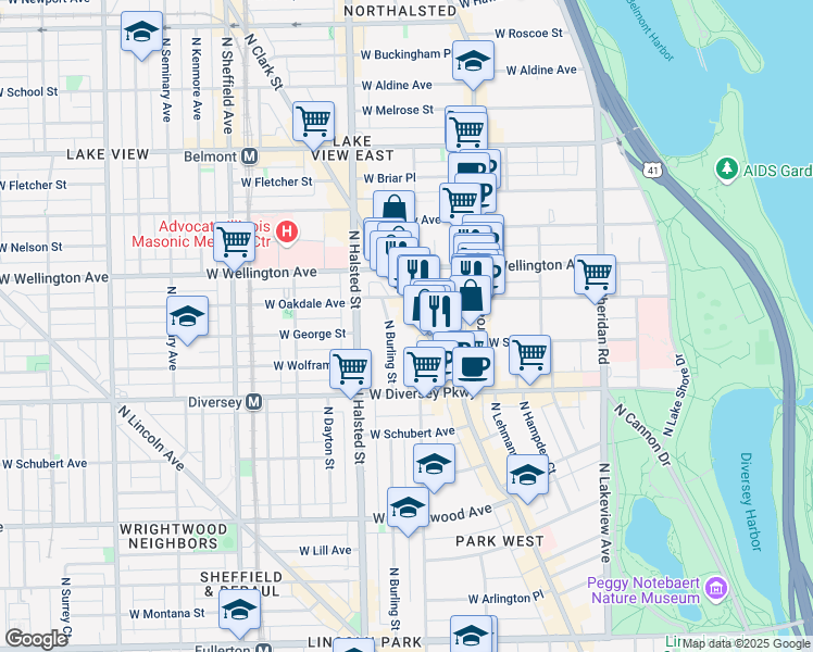 map of restaurants, bars, coffee shops, grocery stores, and more near 2878 North Clark Street in Chicago