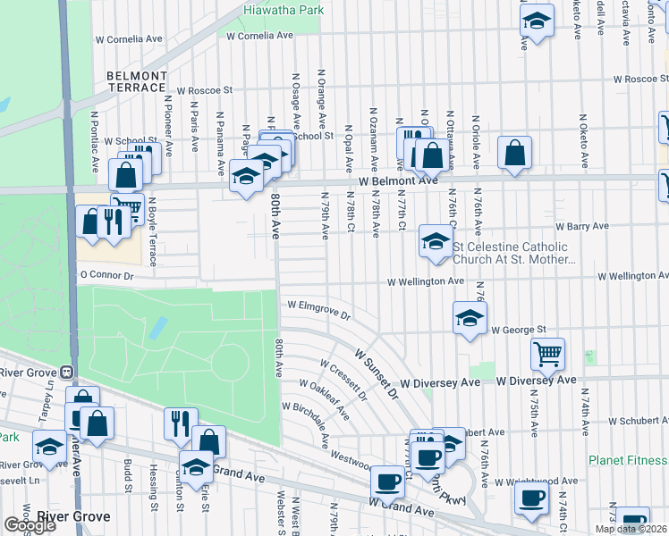 map of restaurants, bars, coffee shops, grocery stores, and more near 3039 North 79th Avenue in Elmwood Park