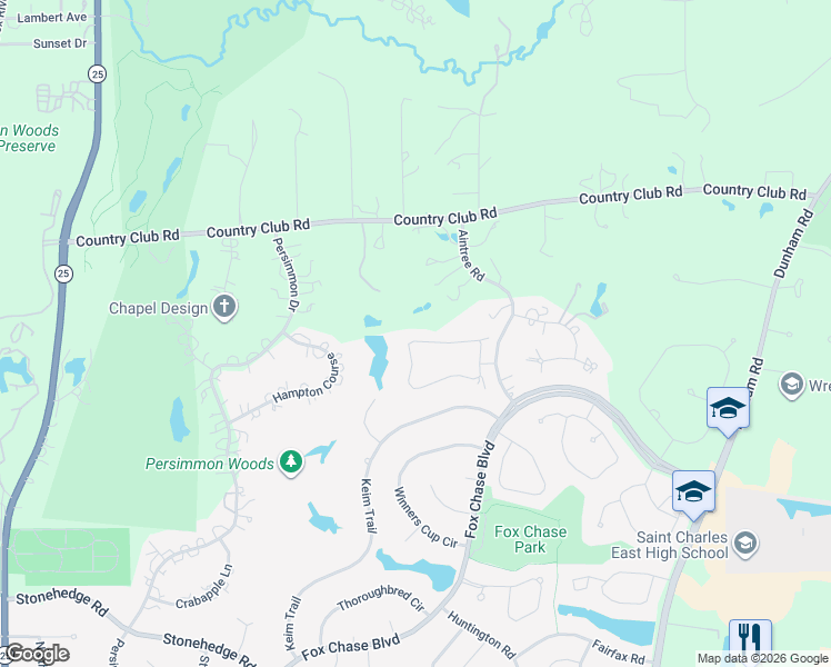 map of restaurants, bars, coffee shops, grocery stores, and more near 47 Aintree Road in St. Charles