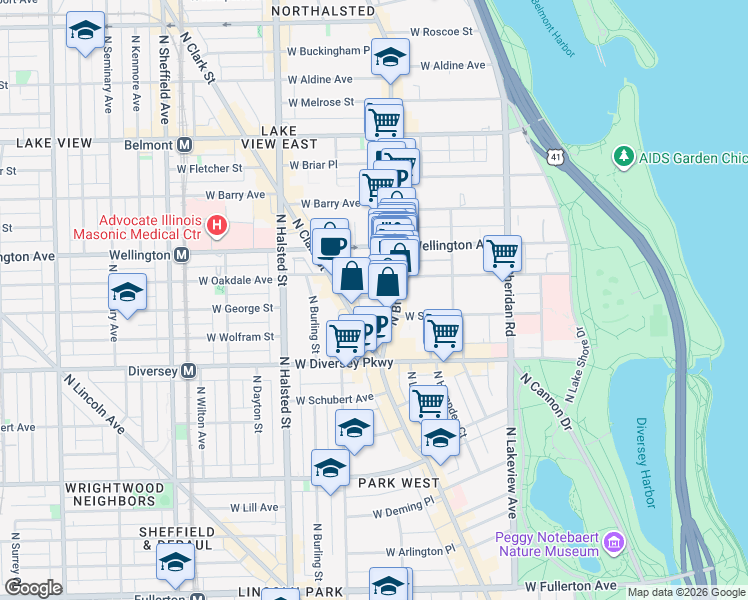 map of restaurants, bars, coffee shops, grocery stores, and more near 600 West Surf Street in Chicago