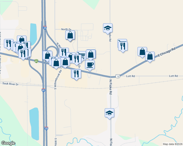 map of restaurants, bars, coffee shops, grocery stores, and more near 867 East Chicago Street in Coldwater