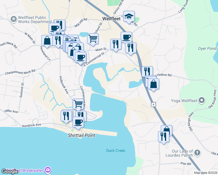 map of restaurants, bars, coffee shops, grocery stores, and more near 166 Pine Point Road in Wellfleet