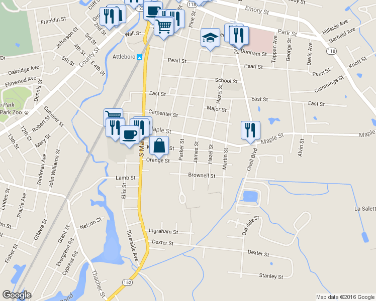 map of restaurants, bars, coffee shops, grocery stores, and more near 43 Mulberry Street in Attleboro