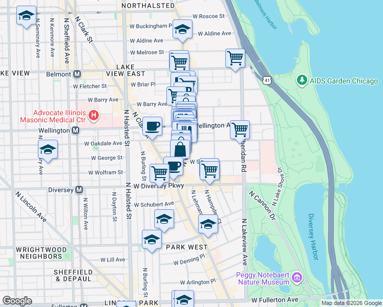 map of restaurants, bars, coffee shops, grocery stores, and more near 2941 North Broadway in Chicago