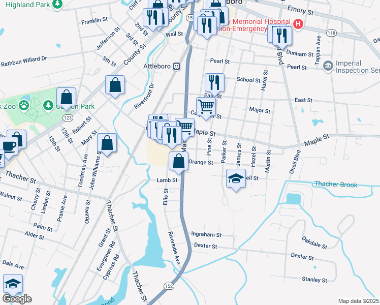 map of restaurants, bars, coffee shops, grocery stores, and more near 216 South Main Street in Attleboro