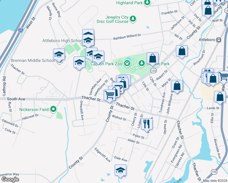 map of restaurants, bars, coffee shops, grocery stores, and more near 8 Milton in Attleboro