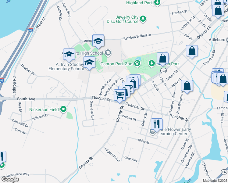 map of restaurants, bars, coffee shops, grocery stores, and more near 8 Milton in Attleboro