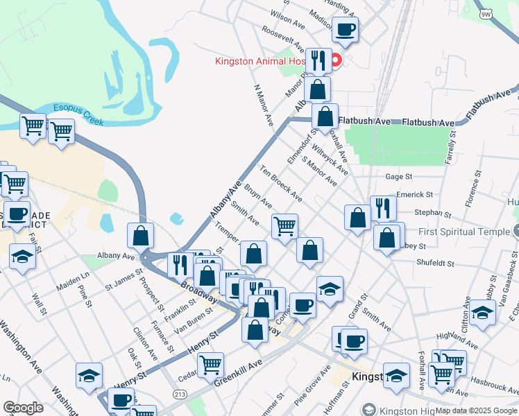 map of restaurants, bars, coffee shops, grocery stores, and more near 144 Elmendorf Street in Kingston