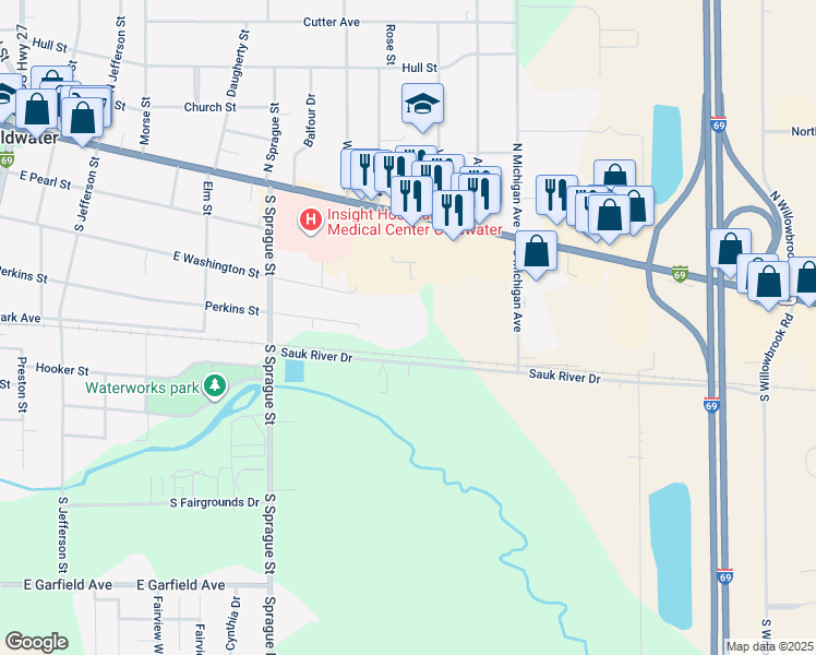 map of restaurants, bars, coffee shops, grocery stores, and more near 344 Perkins Street in Coldwater