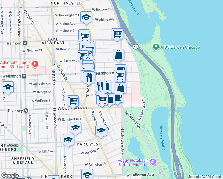 map of restaurants, bars, coffee shops, grocery stores, and more near 431 West Oakdale Avenue in Chicago