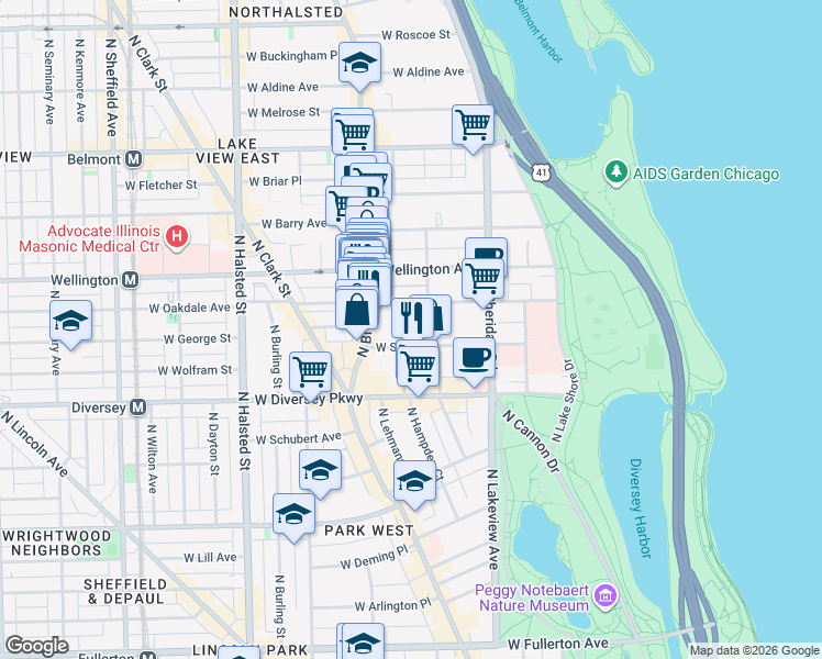 map of restaurants, bars, coffee shops, grocery stores, and more near 501 West Oakdale Avenue in Chicago