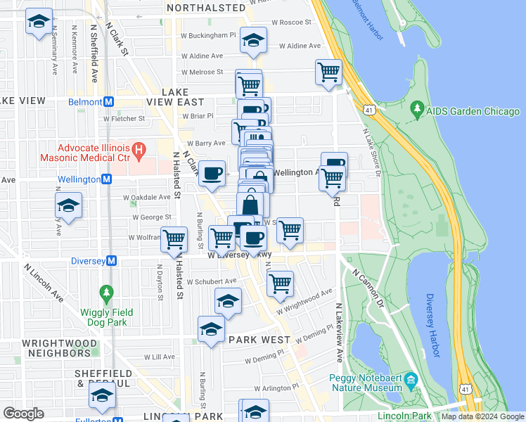 map of restaurants, bars, coffee shops, grocery stores, and more near 2941 North Broadway in Chicago