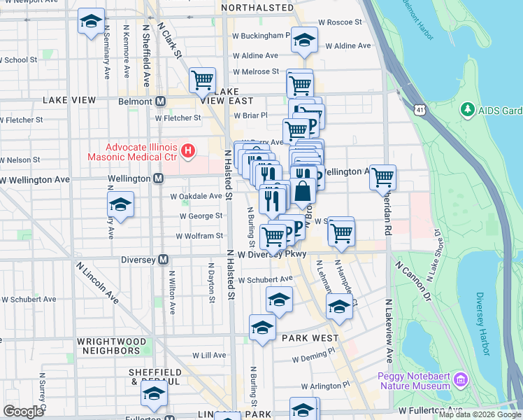 map of restaurants, bars, coffee shops, grocery stores, and more near 655 West Oakdale Avenue in Chicago