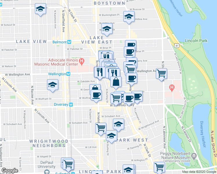 map of restaurants, bars, coffee shops, grocery stores, and more near 719 West Oakdale Avenue in Chicago