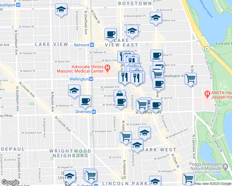 map of restaurants, bars, coffee shops, grocery stores, and more near in Chicago