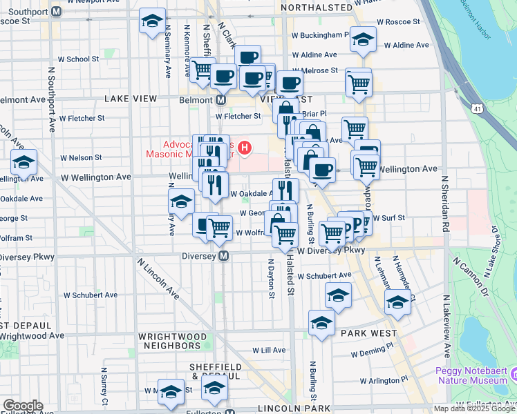 map of restaurants, bars, coffee shops, grocery stores, and more near 850 West Oakdale Avenue in Chicago