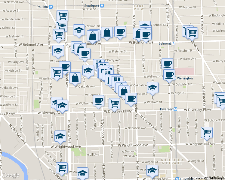 map of restaurants, bars, coffee shops, grocery stores, and more near 2909 North Lincoln Avenue in Chicago