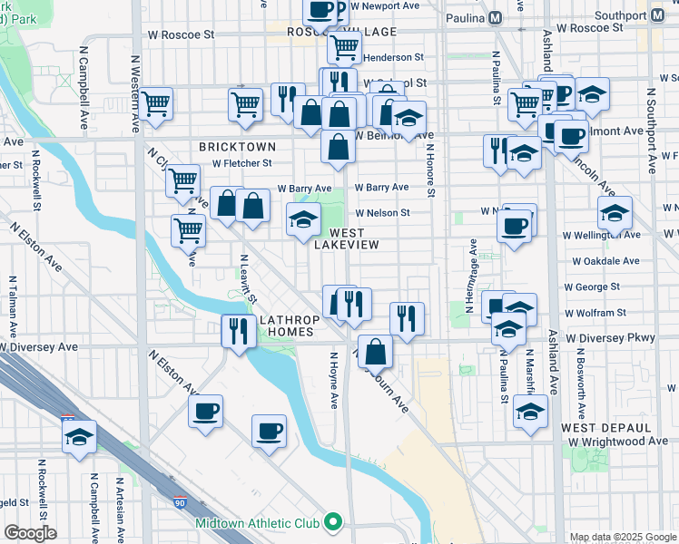 map of restaurants, bars, coffee shops, grocery stores, and more near 2945 North Damen Avenue in Chicago