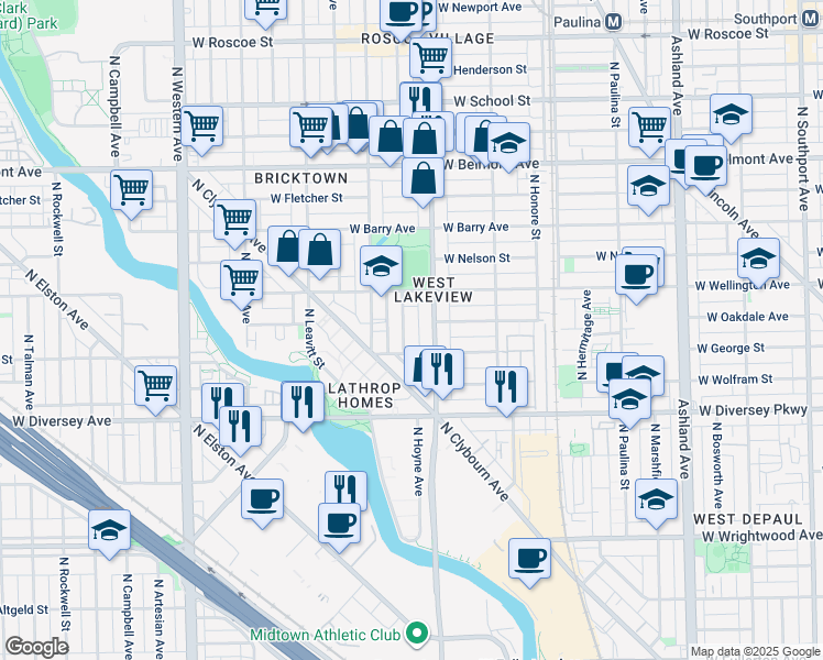 map of restaurants, bars, coffee shops, grocery stores, and more near 2950 North Seeley Avenue in Chicago