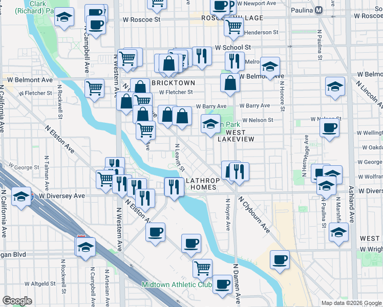 map of restaurants, bars, coffee shops, grocery stores, and more near 2976 North Clybourn Avenue in Chicago