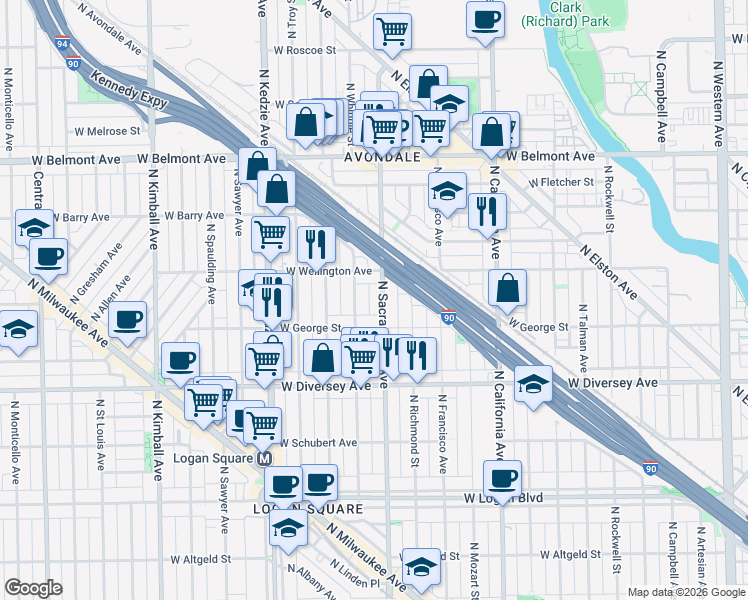 map of restaurants, bars, coffee shops, grocery stores, and more near 3021 West Wellington Avenue in Chicago