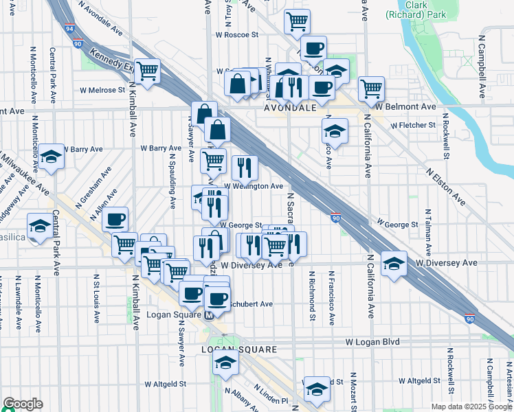 map of restaurants, bars, coffee shops, grocery stores, and more near 2959 North Albany Avenue in Chicago