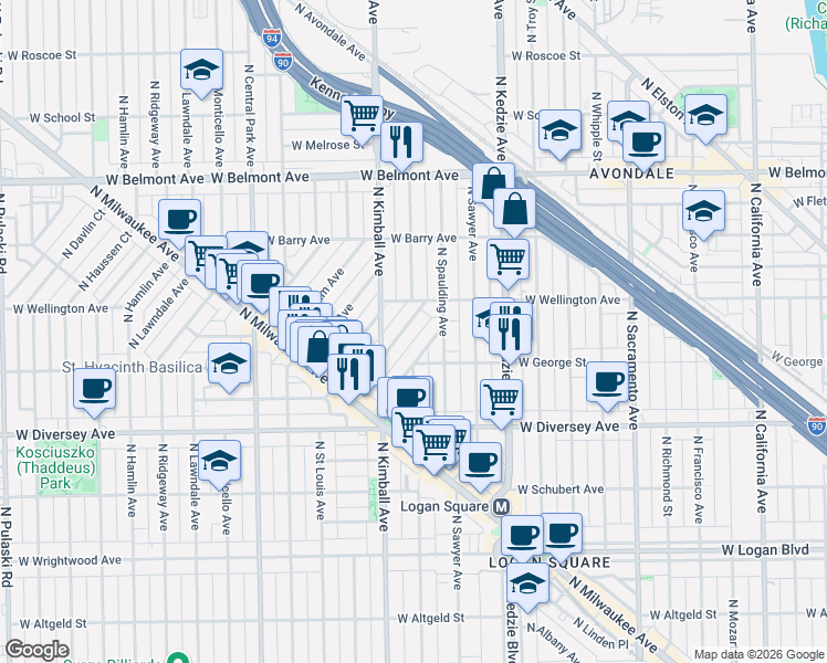map of restaurants, bars, coffee shops, grocery stores, and more near 2954 North Dawson Avenue in Chicago