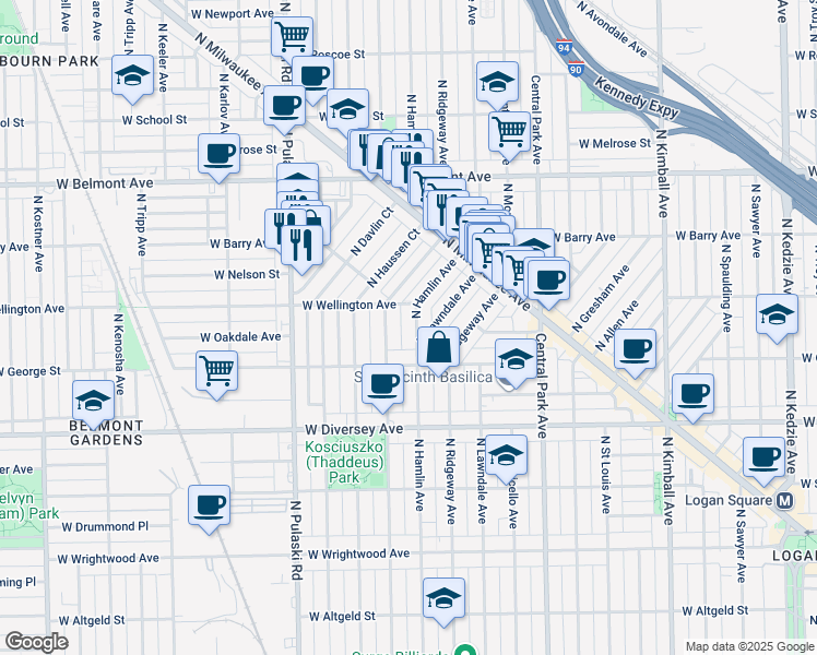 map of restaurants, bars, coffee shops, grocery stores, and more near 3011 North Avers Avenue in Chicago