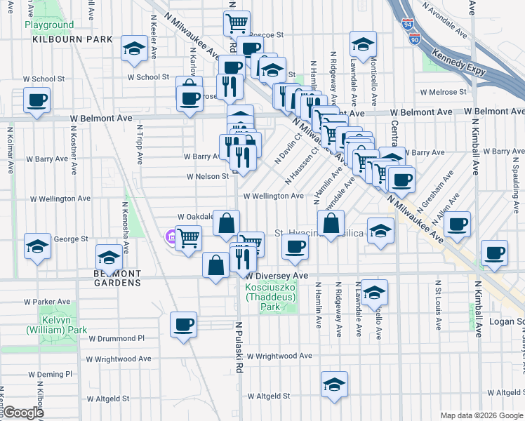 map of restaurants, bars, coffee shops, grocery stores, and more near 3928 West Wellington Avenue in Chicago