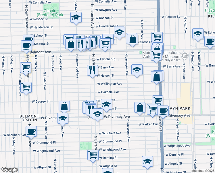 map of restaurants, bars, coffee shops, grocery stores, and more near 5108 West Wellington Avenue in Chicago